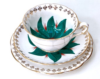 Thomas Forester Bone China (England) 'Exotiq' Trio, in Green - Teacup, Saucer and Cake/Side Plate