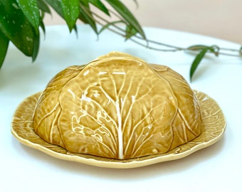 Bordallo Pinheiro (Portugal) 'Cabbage' in Honey Gold, Large Covered Butter Dish *RARE FIND*