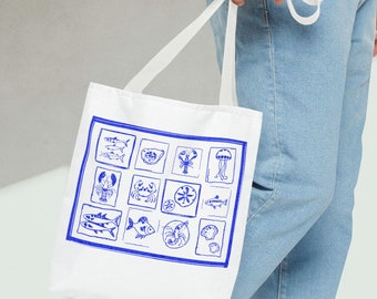 Borsa tote in tela nautica: design retrò da pesca, regalo per gli amanti dell'oceano