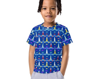 Kids Ocean Crew Neck T-shirt: Fish & Lighthouse Print