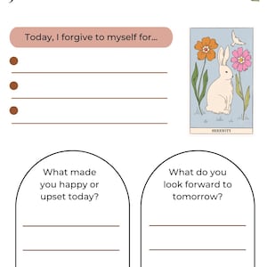 May include: A printable daily journal page with a hand holding a branch, a rabbit illustration, and prompts for self-reflection. The prompts include "Today, I forgive to myself for...", "What made you happy or upset today?", and "What do you look forward to tomorrow?"