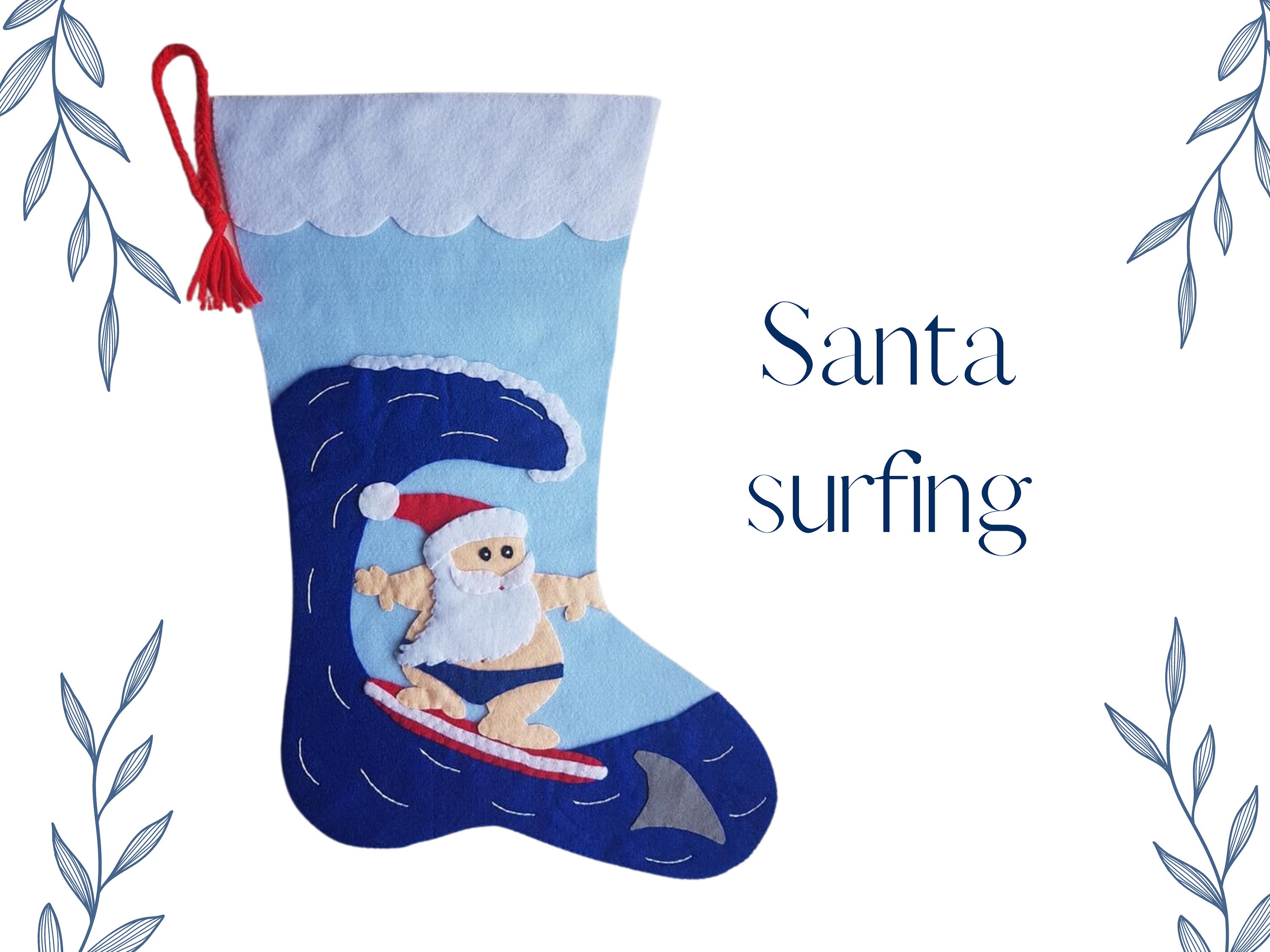 34 Adorable Christmas Stocking Ideas to Hang with Pride: Festive Flair for Your Fireplace 26 Santa surfing felt Christmas stocking (Personalized)
