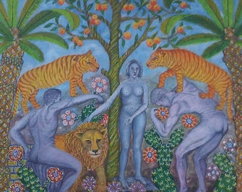 Folk art oil painting natural oasis landscape Jan Plaskocinski (Polish,1919-1993) RARE Mid 20th c.naive Mother Earth nudes Lion Tigers