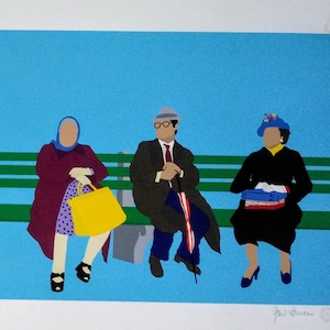 May include: A colorful print featuring six stylized figures seated on a green bench against a light blue background. Each person is dressed in distinct clothing and accessories, with shopping bags and umbrellas. The artwork is signed by the artist.