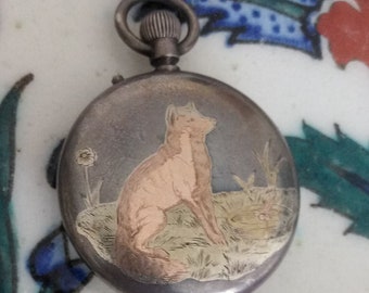 Antique half hunter pocket watch niello enamel gold silver engraved fox floral Summertime traveler microengineering machine