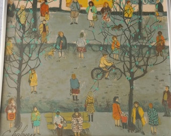 Nathalie Chabrier French Art print Litho Paris street scene 1950s fashion Printemps Spring Whimsical Figural Abstract signed Artist artwork