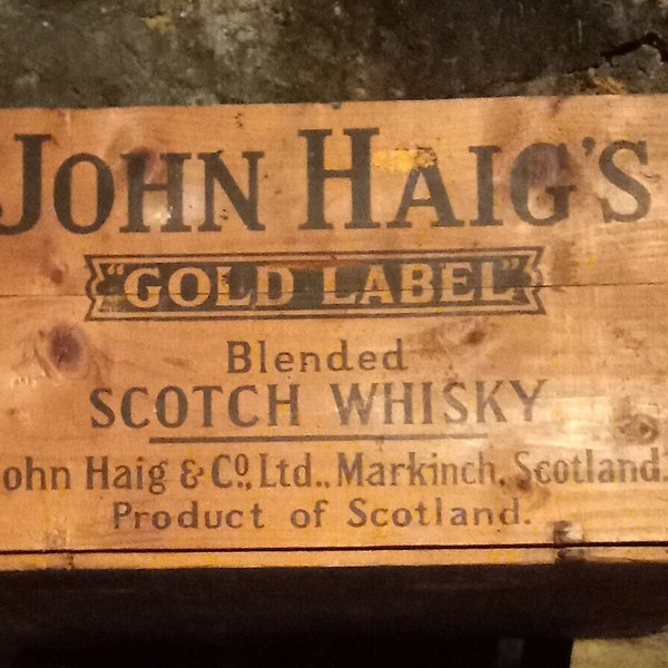 Antique JOHN HAIG Scotch whiskey crate branded bin box housewarming kindling spirits storage firewood log tinder Fireplace durable utility