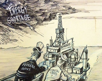 70s Political satire art cartoon ecology vs oil energy crisis Bil Canfield comic cartoon signed illustration Uncle Sam vs East Coast States
