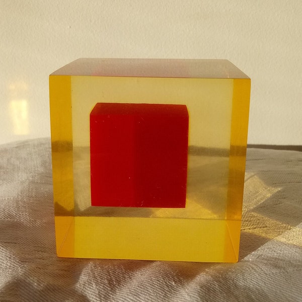 Enzo Mari POP Op Art acrylic lucite orange cube 3D Cubo sculpture Modern Italian design RARE visual arts