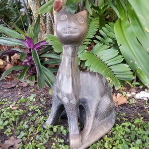 Vintage Ceramic Blackware art pottery garden cat sculpture Max Kerlow Manuel Felguerez Oaxaca Teotihuacan zoomorphic etched feline RARE