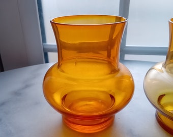 Vintage Modern Swedish Gunner Ander art glass candleholder lanterns amber orange votive vase lighting  hooped mid century konst glasvas