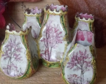 Antique  faience Majolica tulip vases 5 bud pots ceramic art pottery 4 seasons botanical garden landscape Jardinière planters cashe pot