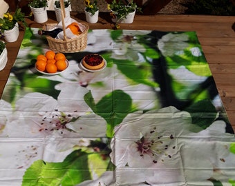 Picnic blanket green white Apple blossom nature Modern EXTRA LARGE blanket and Bag Beach blanket Summer Picnic blanket Outside blanket GIFT