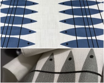 Moisture resistant tablecloth white blue abstract fishes Eco Friendly , also table runner , tea towel , curtains available eco GIFT