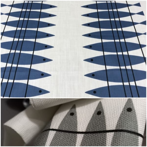 Moisture resistant tablecloth white blue abstract fishes Eco Friendly , also table runner , tea towel , curtains available eco GIFT