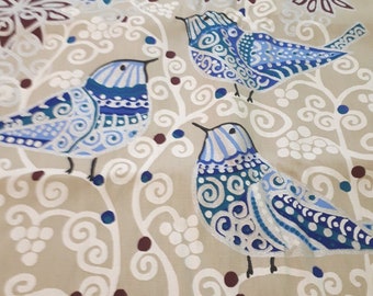 Curtain valance Table linen beige blue Birds TEA towel Modern Scandinavian Design fabric Nordic table runner napkins curtains great GIFT