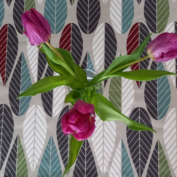 Tablecloth beige red grey green teal leaves Abstract Modern Scandinavian Design , napkins , runner , curtains , pillow covers , great GIFT