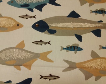 Curtain panel blue grey beige fishes Scandinavian Modern decor Table runner Napkins Pillow Curtains Valances Tea towel great GIFT