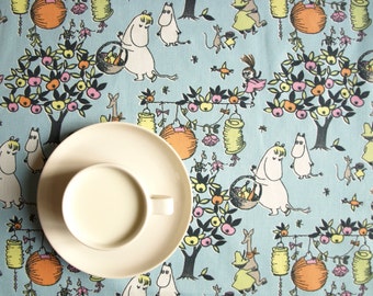 Tablecloth Moomins blue white orange Harvest party Scandinavian Design , runner , napkins , pillow , curtains available, great GIFT