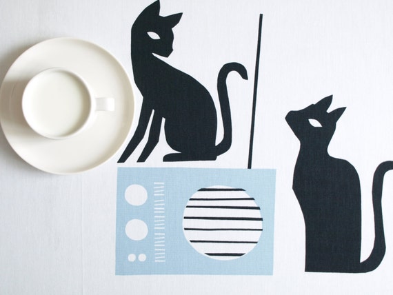 Tablecloth white black cats blue radio Modern decor Scandinavian Design , runner , napkins , curtains , pillows available, great GIFT