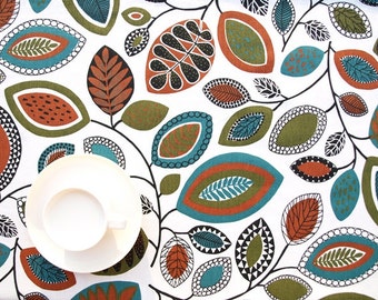 Tablecloth white brown emerald green leaves Botanical Modern Scandinavian Design ,also napkins , runners , curtains available, great GIFT