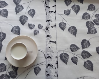 Curtain valance Tablecloth White Black Grey Birch Leaves Tree Botanic fabric Scandinavian Design Table linen Towel Pillow Eco Friendly GIFT