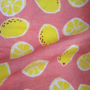 LINEN Curtain panel coral pink yellow lemons Scandinavian Decor Cafe curtain Kitchen valance Table runner Napkins Tea towel great GIFT