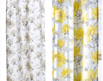 Curtain valance Tablecloth White Beige Yellow Magnolia Flowers Leaves Botanic fabric Scandinavian Design Table linen Towel Pillow GIFT