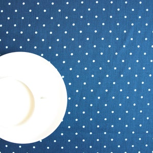 May include: A white ceramic saucer and cup on a blue background with white polka dots.