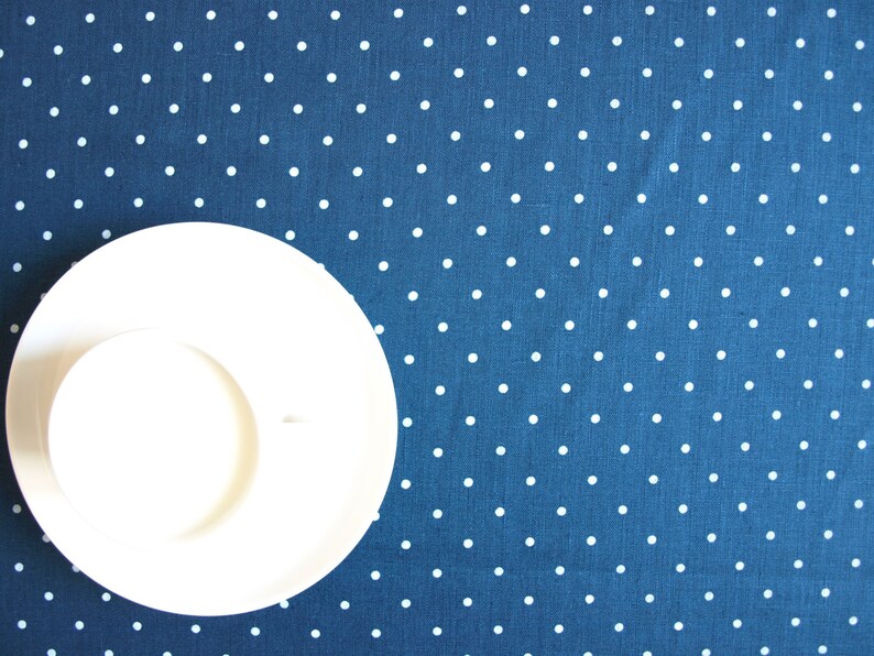 May include: A white ceramic saucer and cup on a blue background with white polka dots.