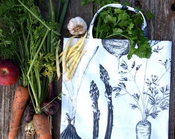 Tote Bag white black vegetables Harvest time Bag for the market from moisture resistant cotton Eco Friendly GIFT