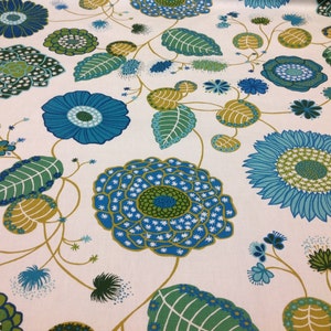 Nappe blanche bleu turquoise fleurs vert mousse Design scandinave moderne, chemin de table, serviettes, oreiller, rideaux disponibles, excellent CADEAU