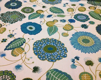 Tablecloth white turquoise blue moss green flowers Modern Scandinavian Design , runner , napkins , pillow , curtains available, great GIFT