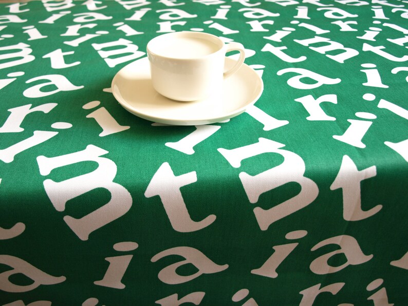 also curtains available Tablecloth green white fun letters 37x56 or made to order your size great GIFT