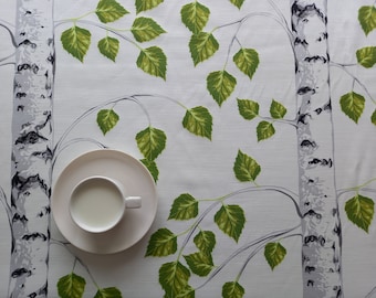 Curtain valance Tablecloth White Green Birch Leaves Tree Botanic fabric Scandinavian Design Table linen Towel Pillow Eco Friendly GIFT