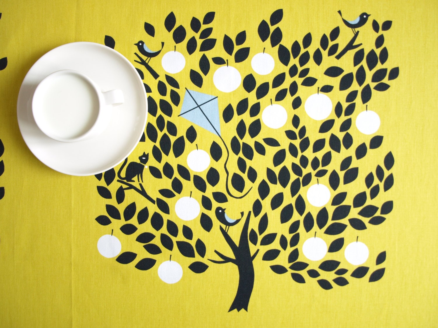 Tablecloth mustard yellow black tree cat birds Modern Scandinavian Design , runner , napkins , curtains , pillows available, great GIFT
