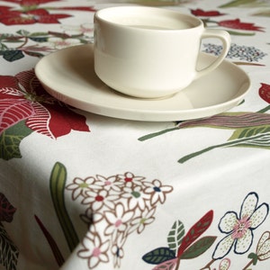 May include: A white ceramic coffee cup with a white saucer, sitting on a white tablecloth with a floral pattern in shades of red, green, and white.