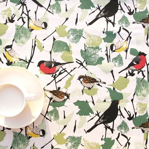 Tablecloth white green leaves red yellow black Birds Modern Scandinavian Design Napkins Table runners Curtains Tea towel great GIFT