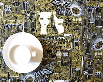 Tablecloth mustard yellow black white abstract modern decor Scandinavian Design , also napkins , runner , curtains available , great GIFT