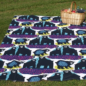 Picnic blanket back Bears purple blue mustard berries EXTRA LARGE blanket and Bag Beach blanket Summer Picnic blanket Outside blanket GIFT