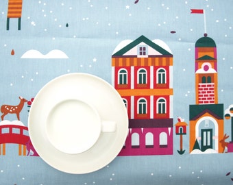 Tablecloth blue red orange green Snow Town Modern Scandinavian Design ,also napkins , runners , curtains available, great GIFT