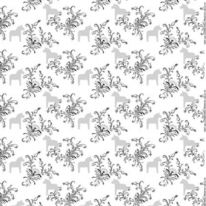 May include: A seamless pattern featuring a white background with a repeating design of grey stylised horses and black floral patterns.