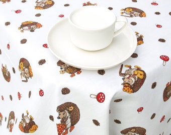 Tablecloth white brown yellow hedgehogs mushrooms Harvest time Modern Scandinavian Design , napkins runners , curtains available, great GIFT