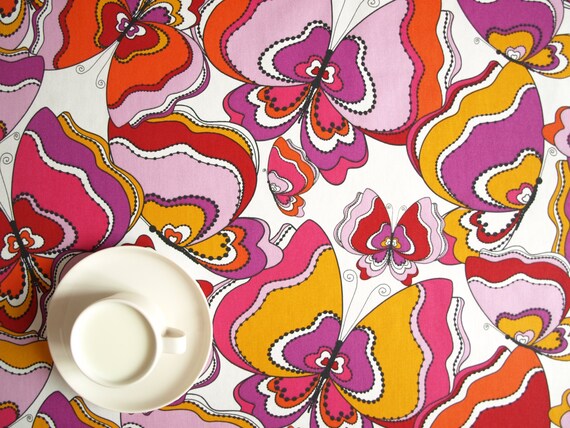 Tablecloth white purple orange pink red colorful butterflies , cloth napkins , table runner , tea towels , curtains available, great GIFT