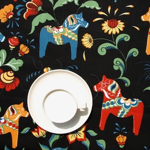 Tablecloth black orange red blue Swedish Dala Horses , table runner , napkins , curtains , pillows Tea towels great GIFT