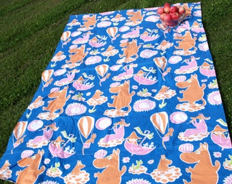 Moomins Picnic blanket blue orange XL picnic blanket and BAG , beach cotton blanket, summer picnic blanket , outside blanket , great GIFT