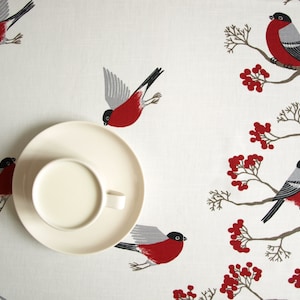 Tablecloth white red Robins Rowan tree Birds Modern Scandinavian decor Runner Napkins Pillow Curtain Tea towel great GIFT
