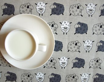 Linen tablecloth natural grey funny sheeps Eco Friendly , also table runner napkins pillow available,eco GIFT