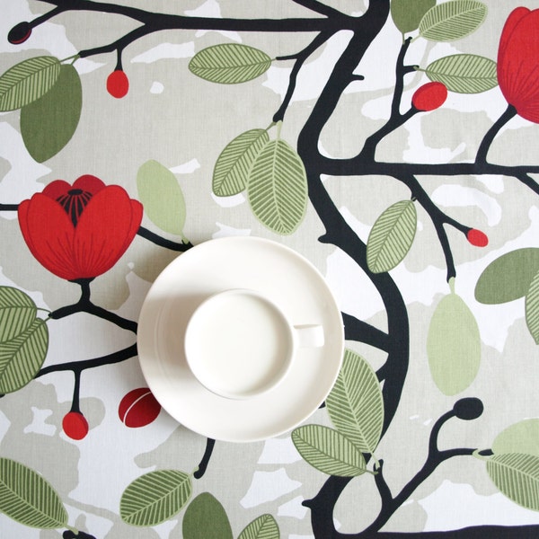 Tablecloth white green leaves red flower black tree Floral Scandinavian Design , runner , napkins , curtains , pillows available, great GIFT