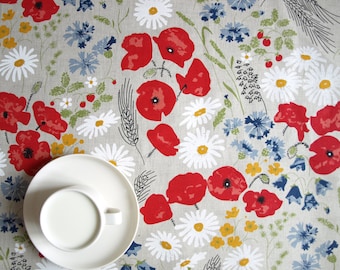 Linen tablecloth natural linen poppy meadow red white flowers Eco Friendly Napkins Placemats Runners Pillows Curtains Tea towel eco GIFT